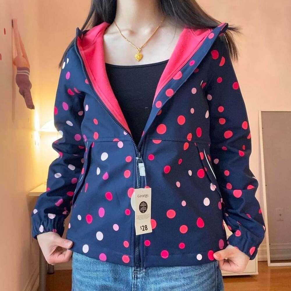 george navy blue polka dot rain jacket with pink lining